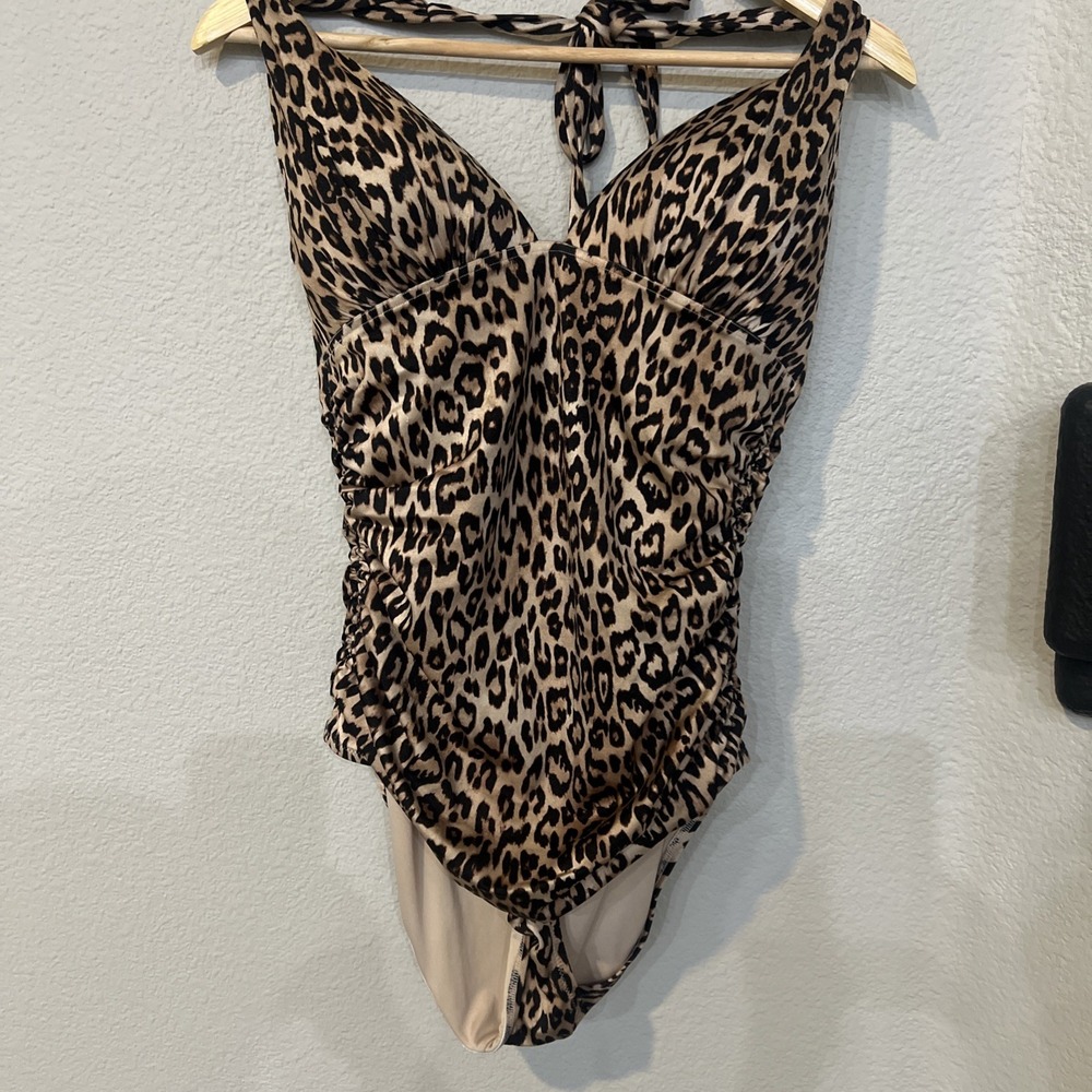 Victoria's Secret BROWN LEOPARD Halter Padded Ruched One-Piece Swimsuit LARGE